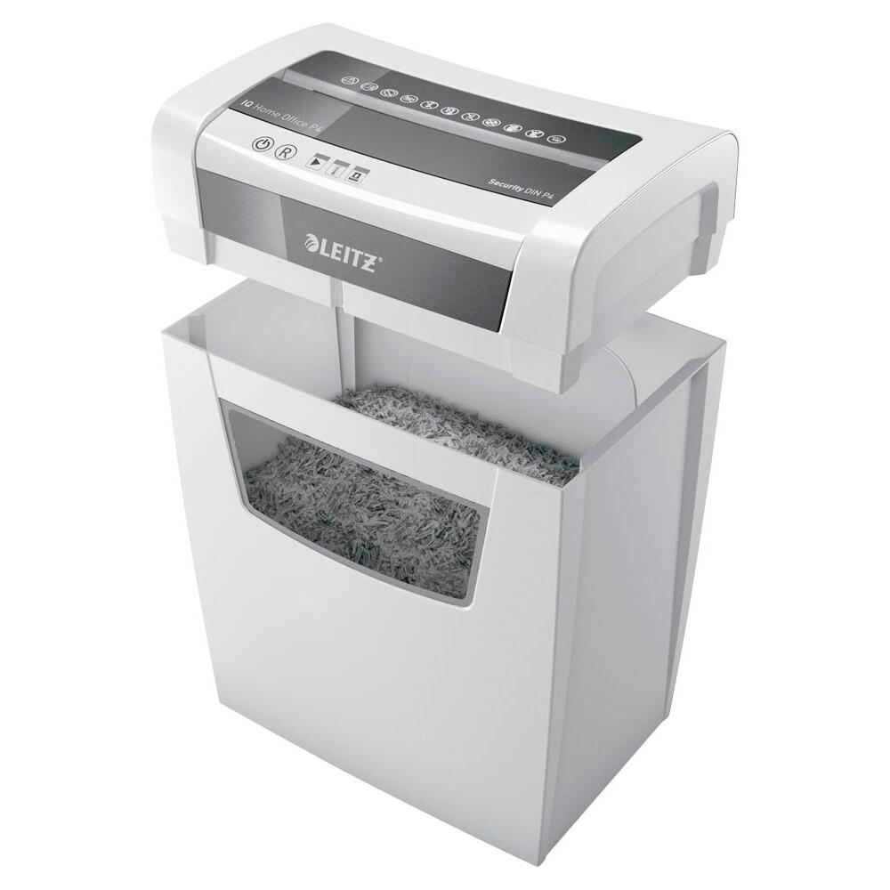 LEITZ IQ Home Office Aktenvernichter mit Partikelschnitt P-4, 4 x 28 mm, bis 10 Blatt, weiß