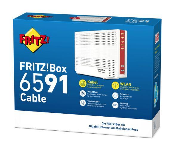 AVM FRITZBox 6591 Cable Wireless Router Kabelmodem 4-Port-Switch GigE Wi-Fi 5 Dual-Band VoIP-Telefonadapter (DECT)