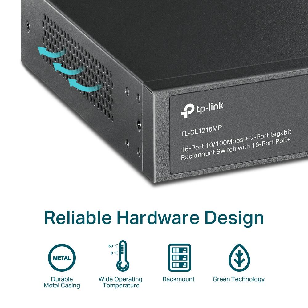TP-Link TL-SL1218MP V216-Port 10/100 Mbps + 2-Port Gigabit Rackmount Switch mit 16-Port PoE+
