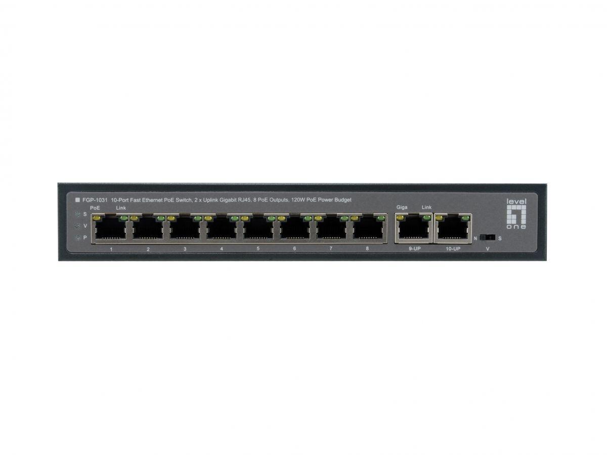LevelOne Switch 10 Fast Ethernet-Ports mit 8 PoE-Ports 120W 2 Uplink Gigabit-Ports (FGP-1031)