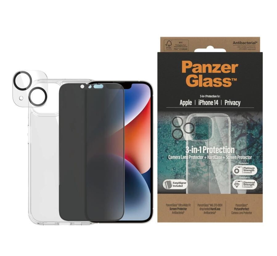 PanzerGlass™ 3-in-1 Privacy Schutzset für iPhone 14