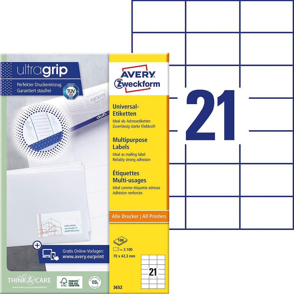 AVERY Zweckform Etiketten 3652 weiß 70,0 x 42,3 mm - 2.100 Stück