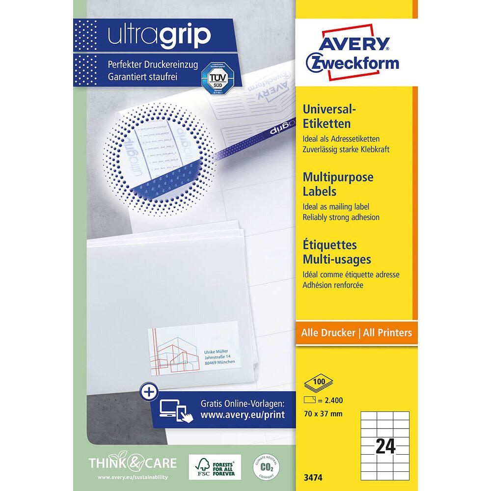 AVERY Zweckform Etiketten 3474 weiß 70,0 x 37,0 mm - 2.400 Stück