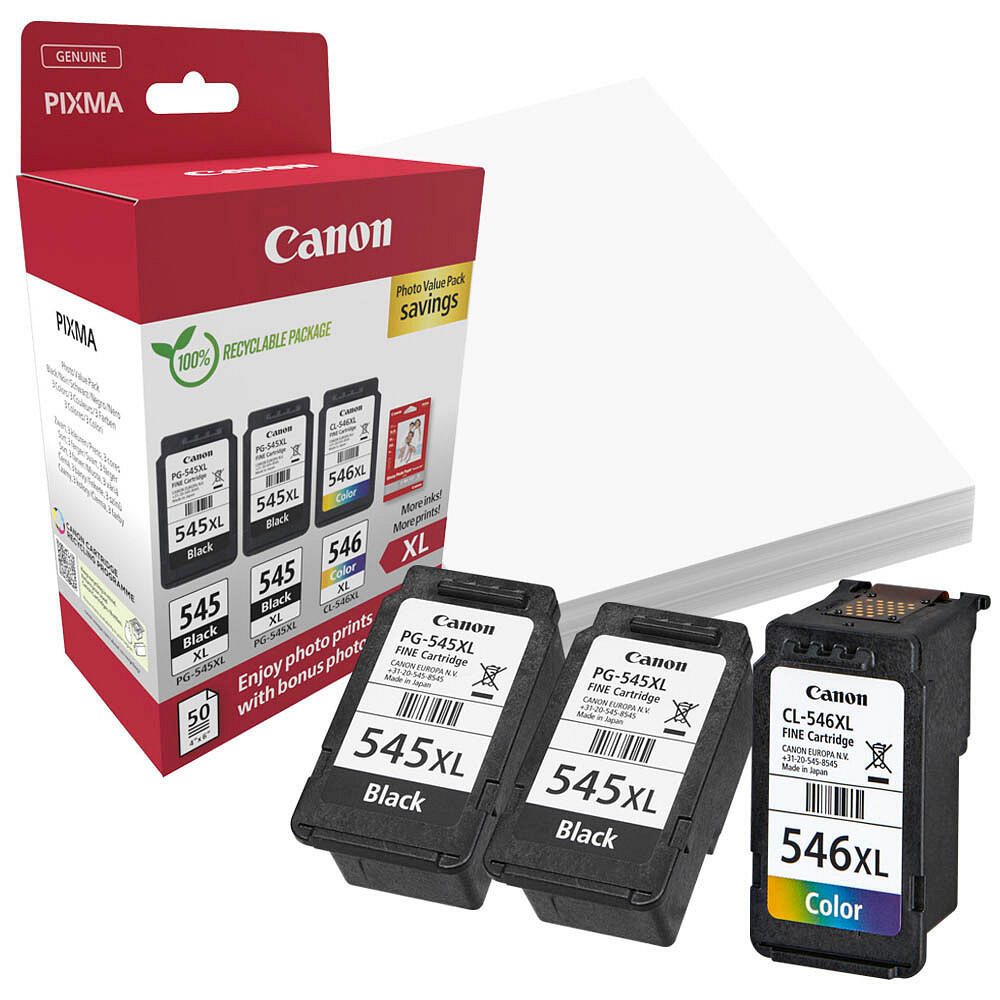Canon Original PG-545XL + CL-546XL Druckerpatronen Valuepack - 2 x schwarz / 1 x farbig + 50 Blatt Fotopapier (8286B015)