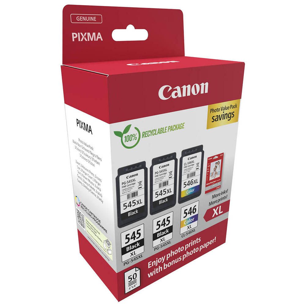 Canon Original PG-545XL + CL-546XL Druckerpatronen Valuepack - 2 x schwarz / 1 x farbig + 50 Blatt Fotopapier (8286B015)
