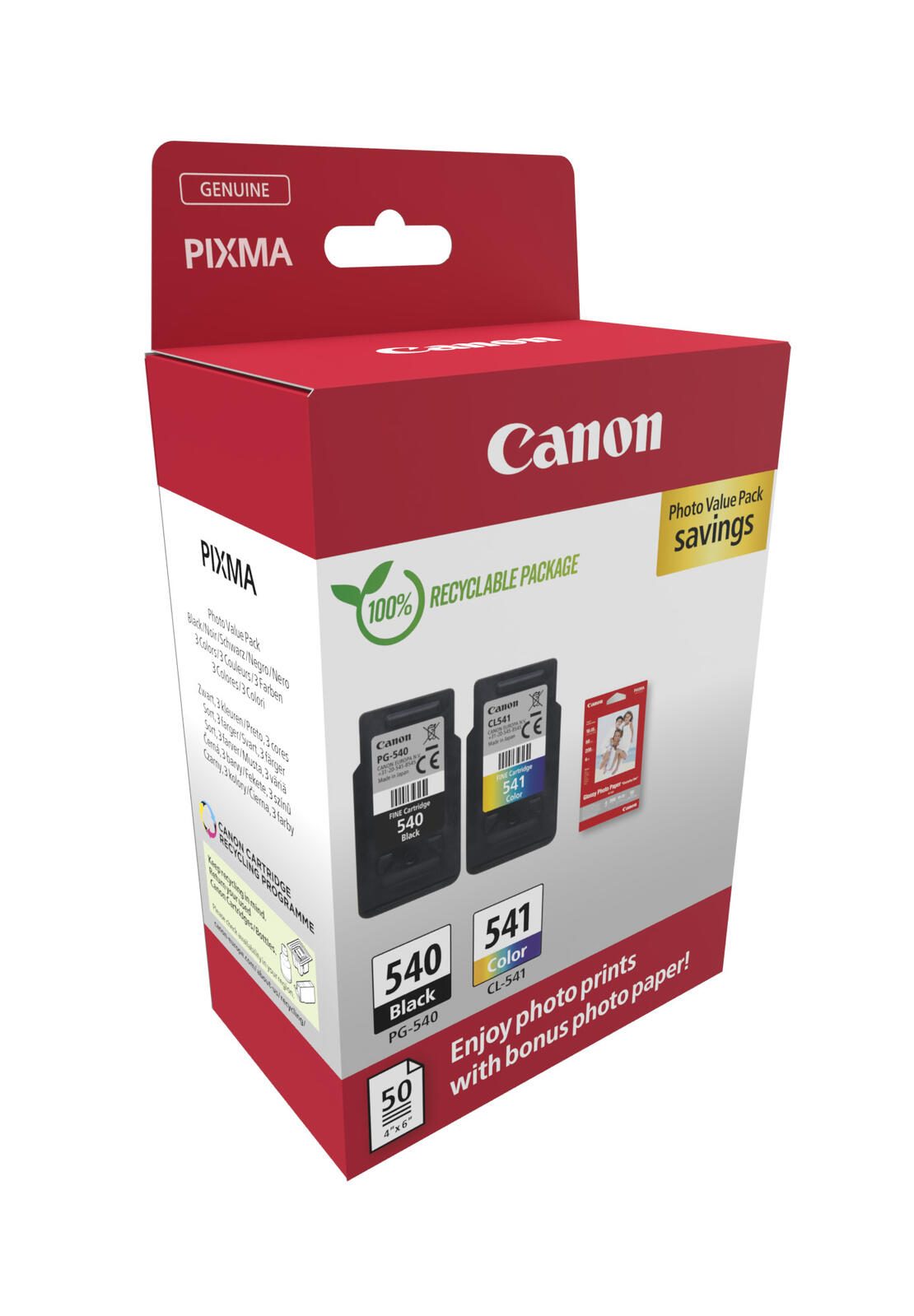 Canon Original PG-540 + CL-541 Druckerpatronen Valuepack - 1 x schwarz / 1 x farbig + 50 Blatt Fotopapier (5225B013)