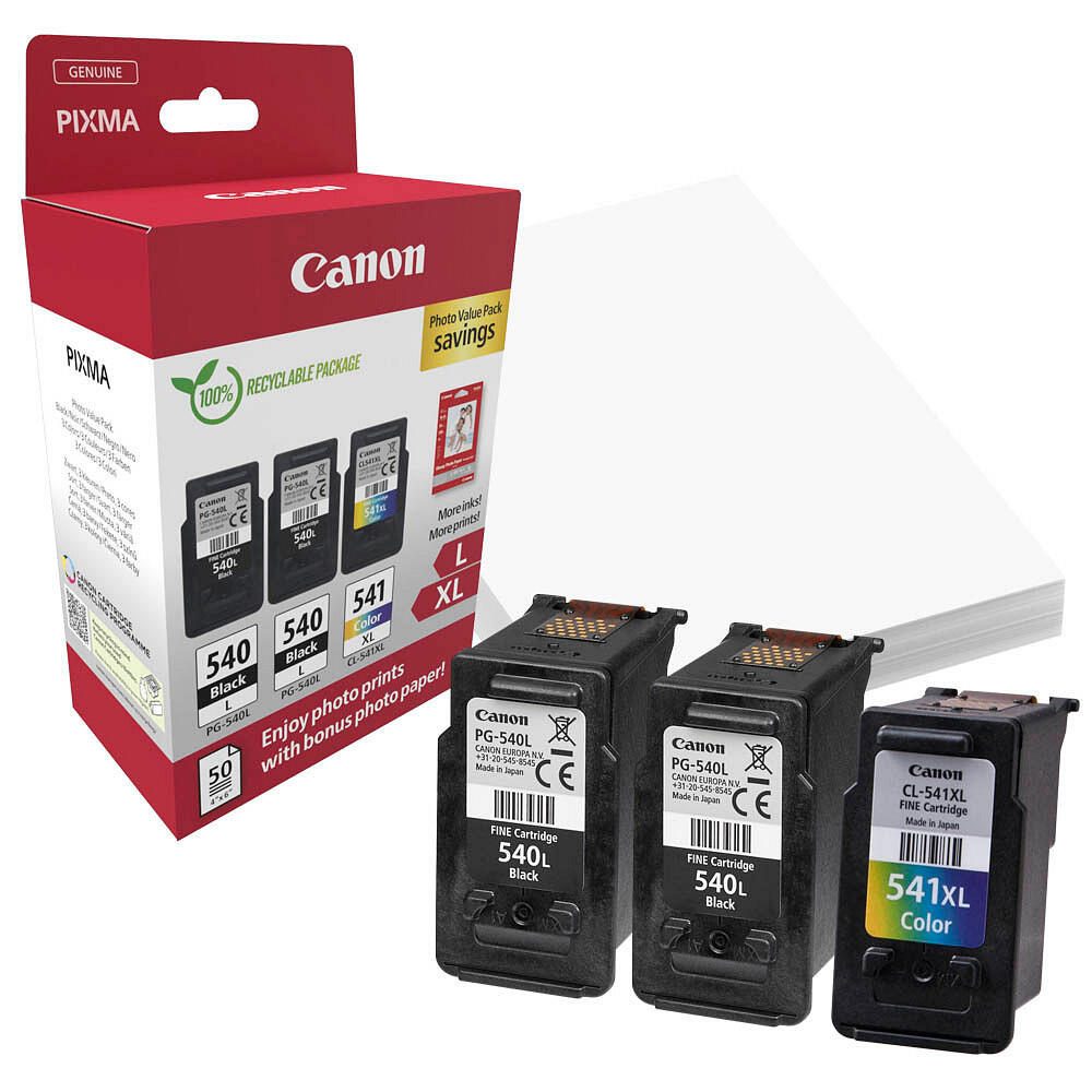 Canon Original PG-540L + CL-541XL Druckerpatronen Valuepack - 2 x schwarz / 1 x farbig + 50 Blatt Fotopapier (5224B015)