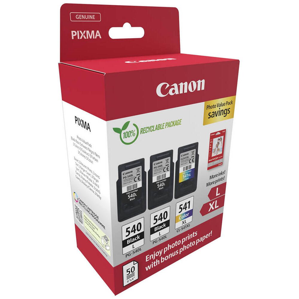 Canon Original PG-540L + CL-541XL Druckerpatronen Valuepack - 2 x schwarz / 1 x farbig + 50 Blatt Fotopapier (5224B015)