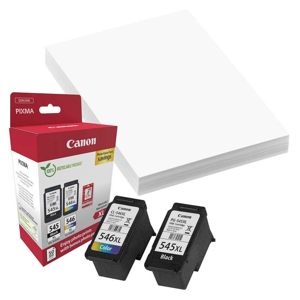 Canon Original PG-545XL + CL-546XL Druckerpatronen Valuepack - 1 x schwarz / 1 x farbig + 50 Blatt Fotopapier (8286B011)