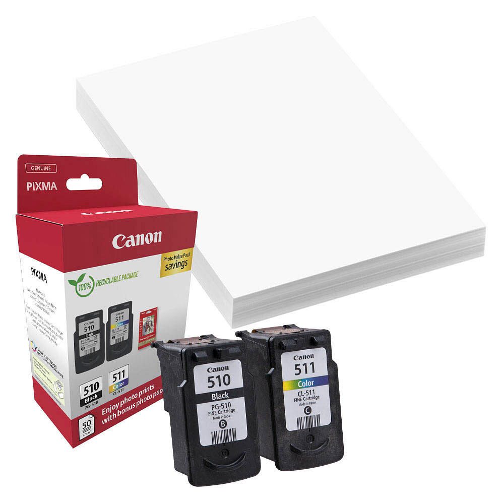 Canon Original PG-510 + CL-511 Druckerpatronen Valuepack - 1 x schwarz / 1 x farbig + 50 Blatt Fotopapier (2970B017)