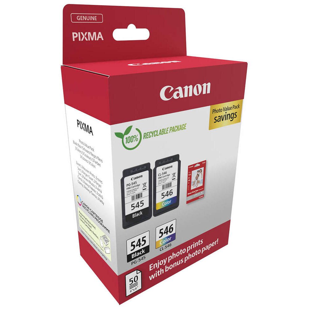 Canon Original PG-545 + CL-546 Druckerpatronen Valuepack - 1 x schwarz / 1 x farbig + 50 Blatt Fotopapier (8287B008)