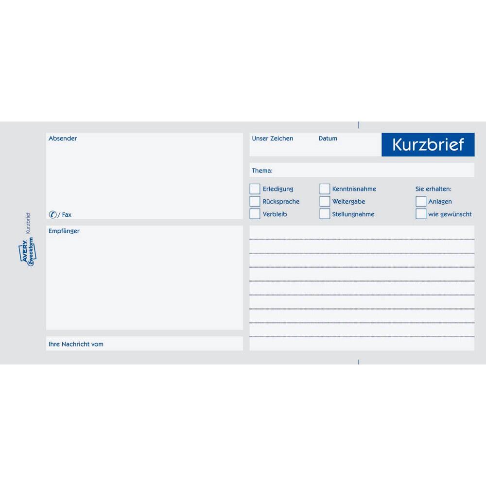 AVERY Zweckform Kurzbrief 1/3 DIN A4 Formularbuch 1020 - 100 Blatt