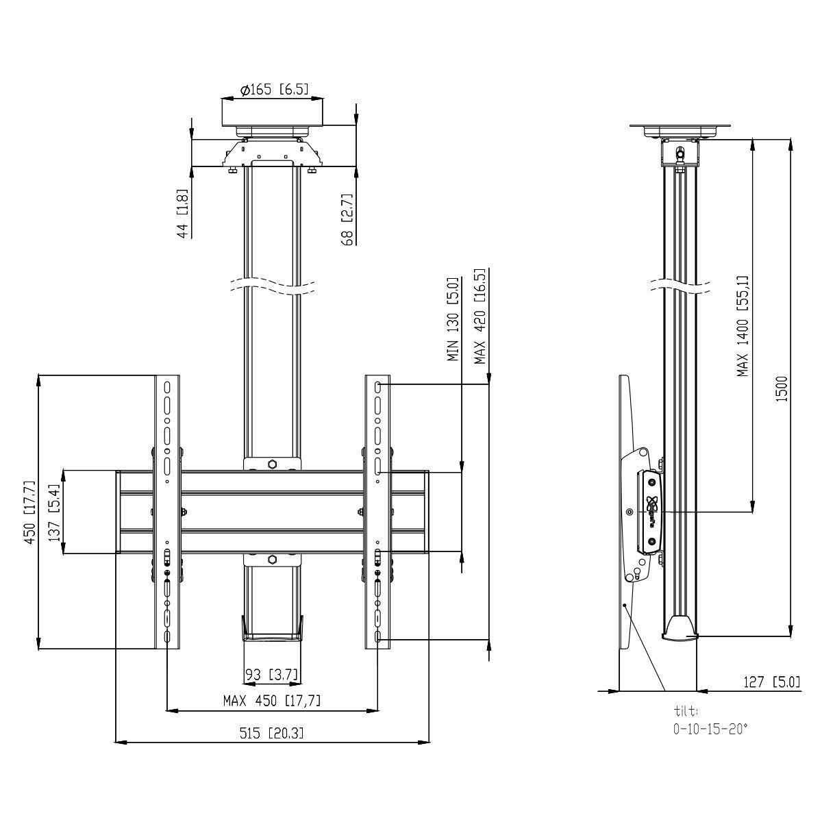 Vogel's CT1544 TV-Deckenhalterung bis 165 cm (65") drehbar, Profilhöhe 150 cm, max. 80 kg, Vesa max. 400 x 400, schwarz