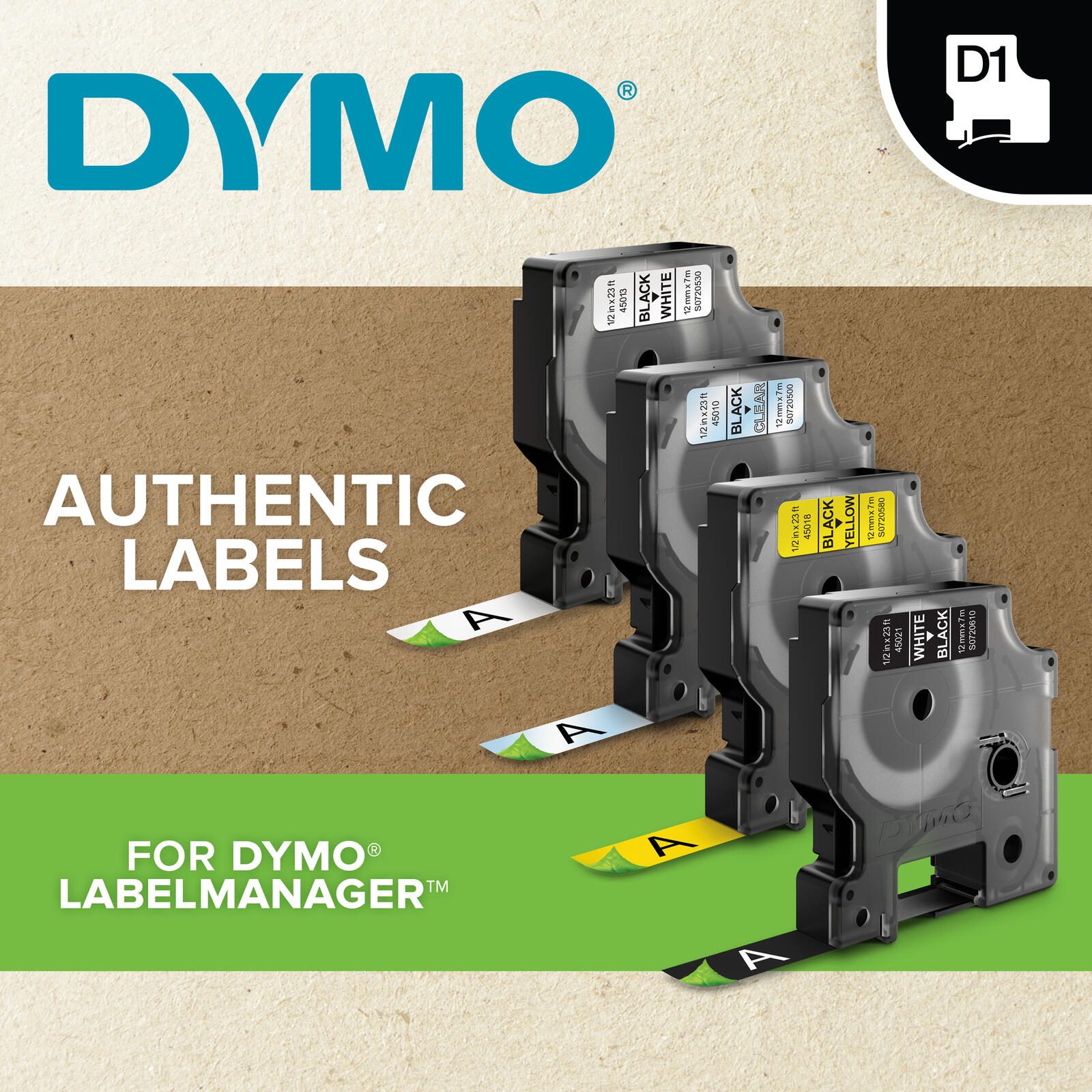 DYMO® Original D1-Schriftband "Hochleistung" für LabelManager™ 12mm x 3m - Polyester, permanent haftend -  weiss auf schwarz