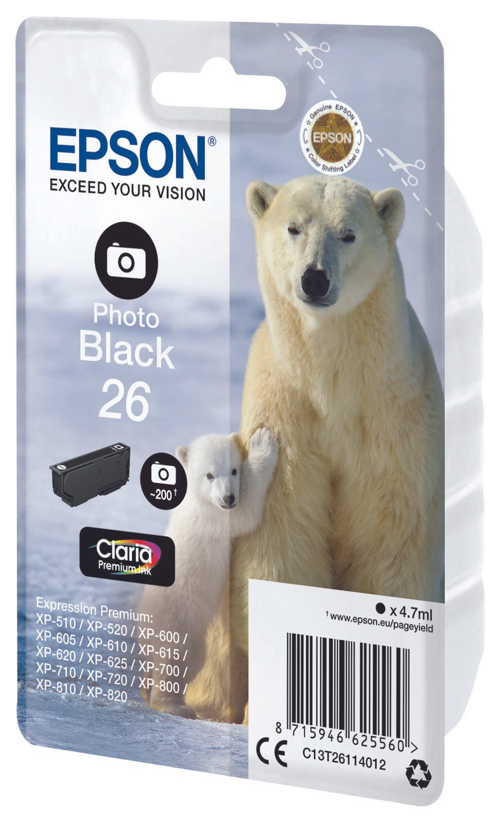Epson Original 26 Eisbär Druckerpatrone fotoschwarz 200 Seiten 4,7ml (C13T26114012)