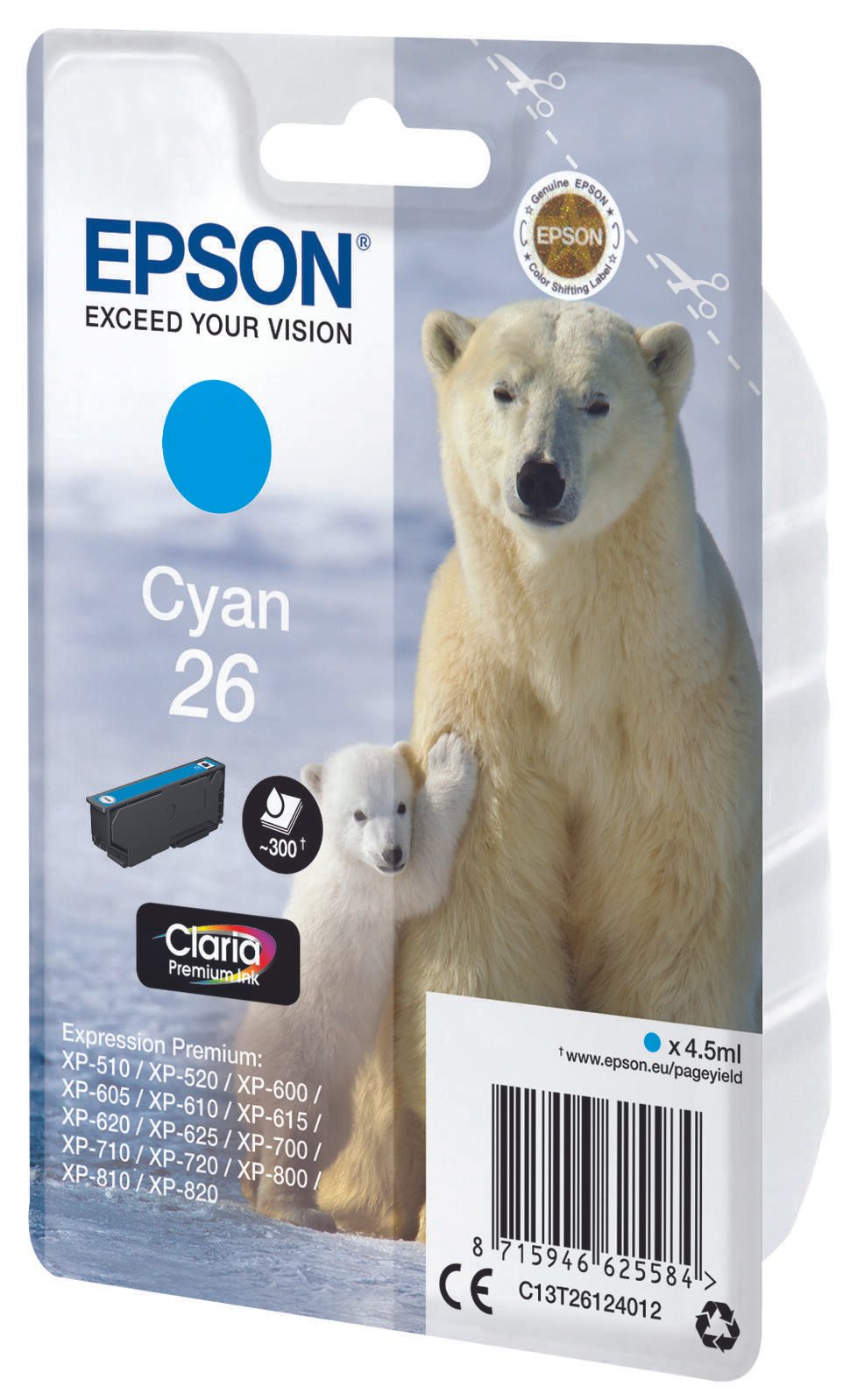 Epson Original 26 Eisbär Druckerpatrone cyan 300 Seiten 4,5ml (C13T26124012)