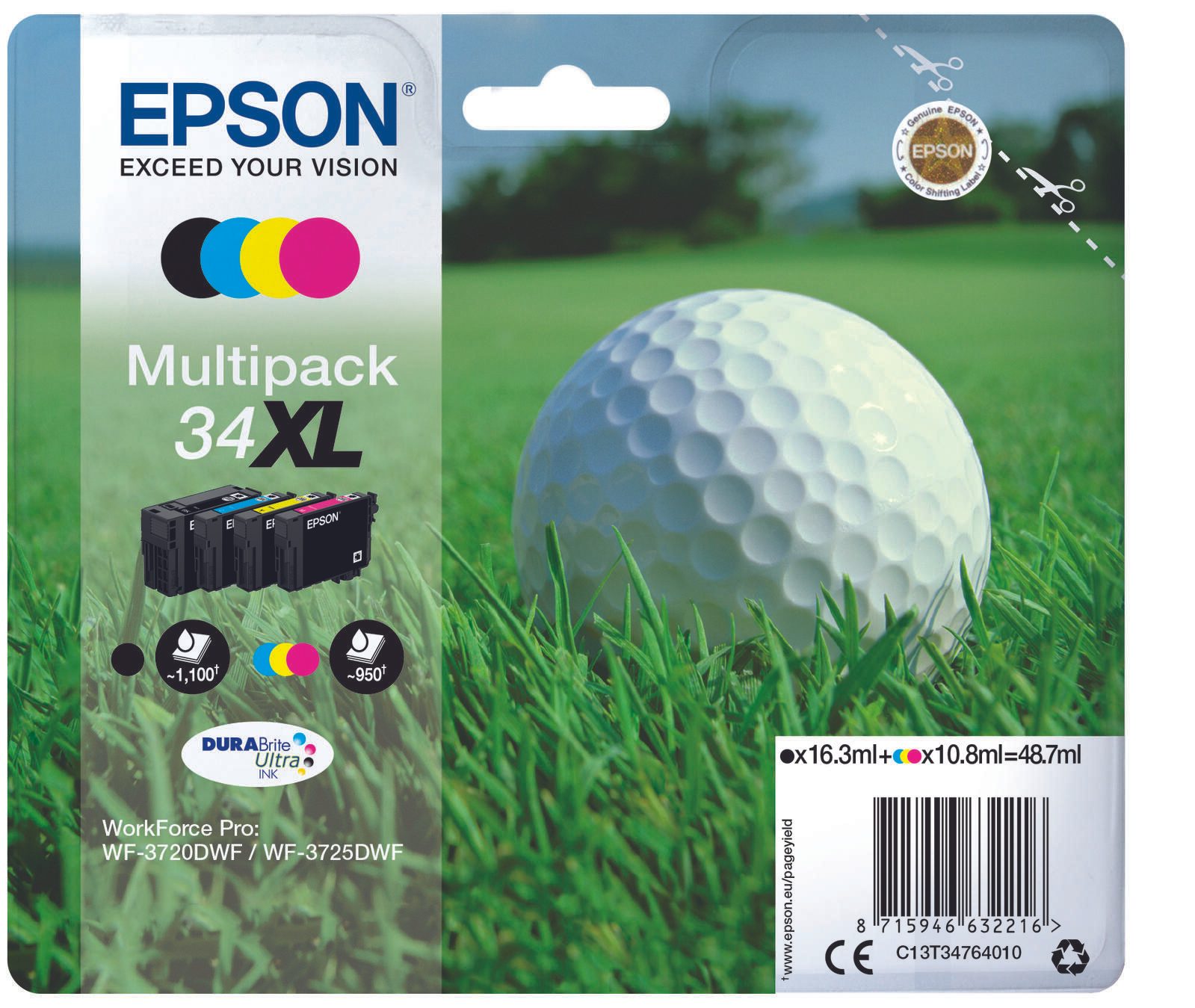 Epson Original 34XL Golfball Druckerpatrone 4er Multipack schwarz cyan magenta gelb (C13T34764010)