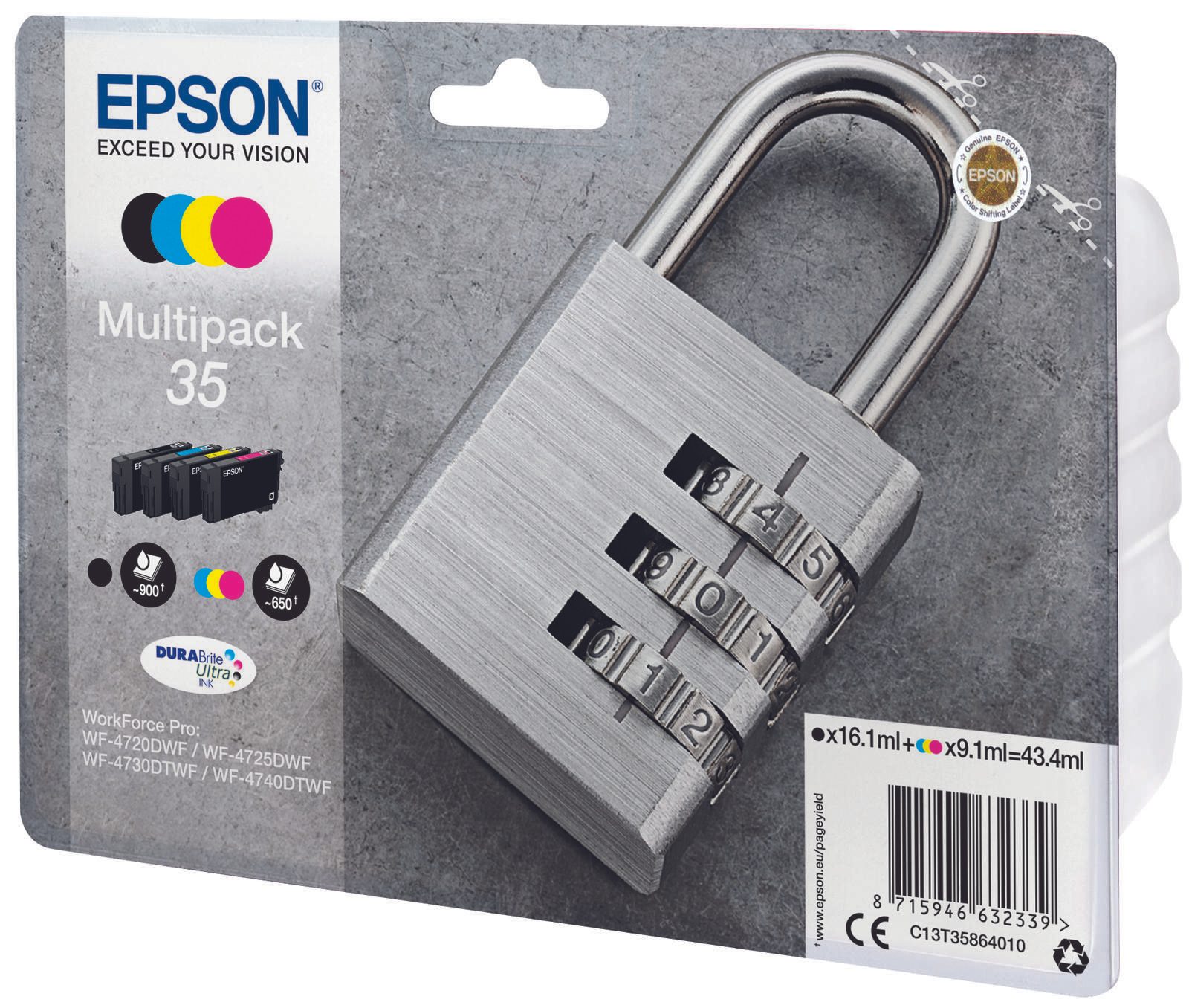 Epson Original 35 Schloss Druckerpatronen 4er Multipack schwarz cyan magenta gelb (C13T35864010)