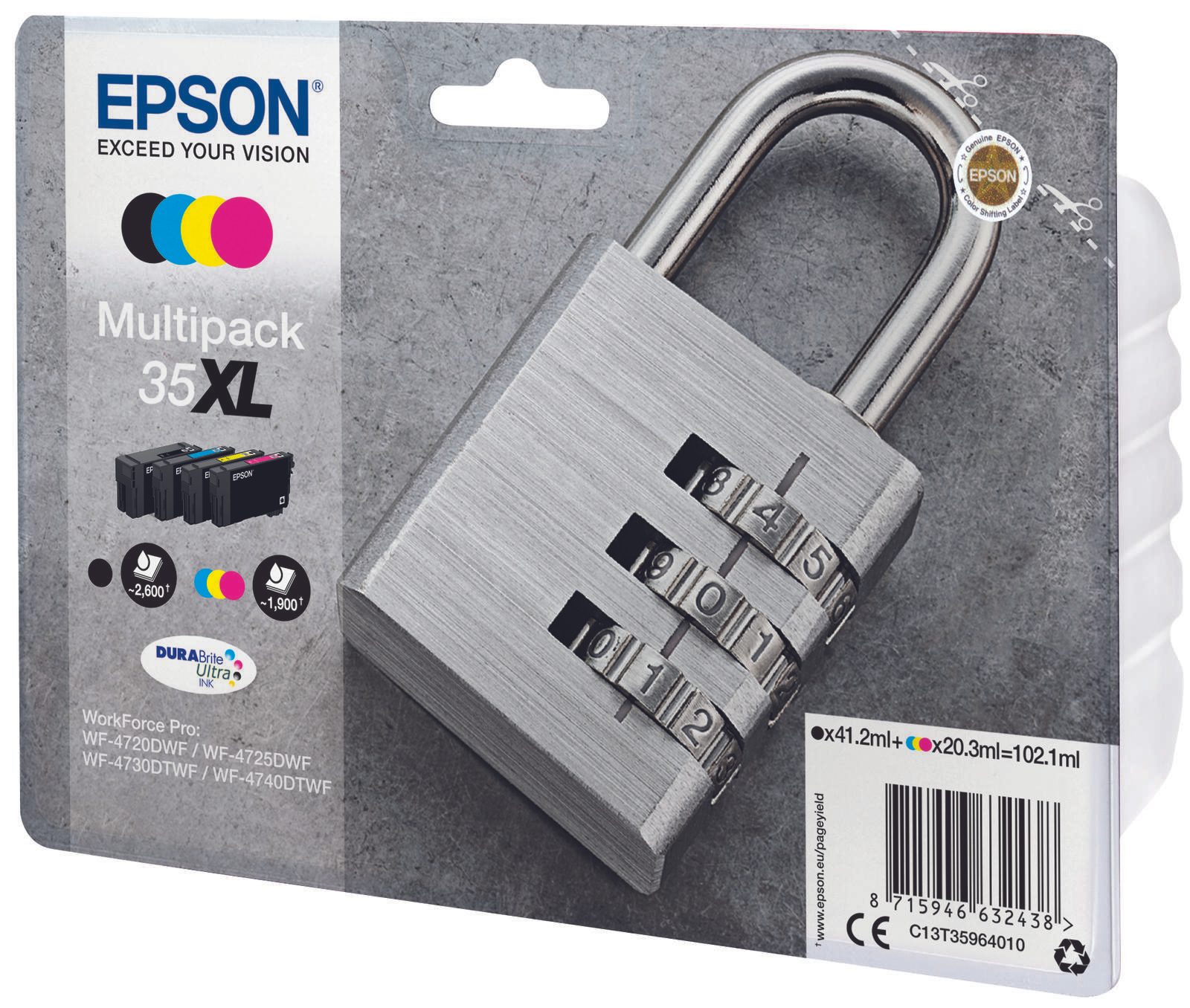 Epson Original 35XL Schloss Druckerpatronen 4er Multipack schwarz cyan magenta gelb (C13T35964010)