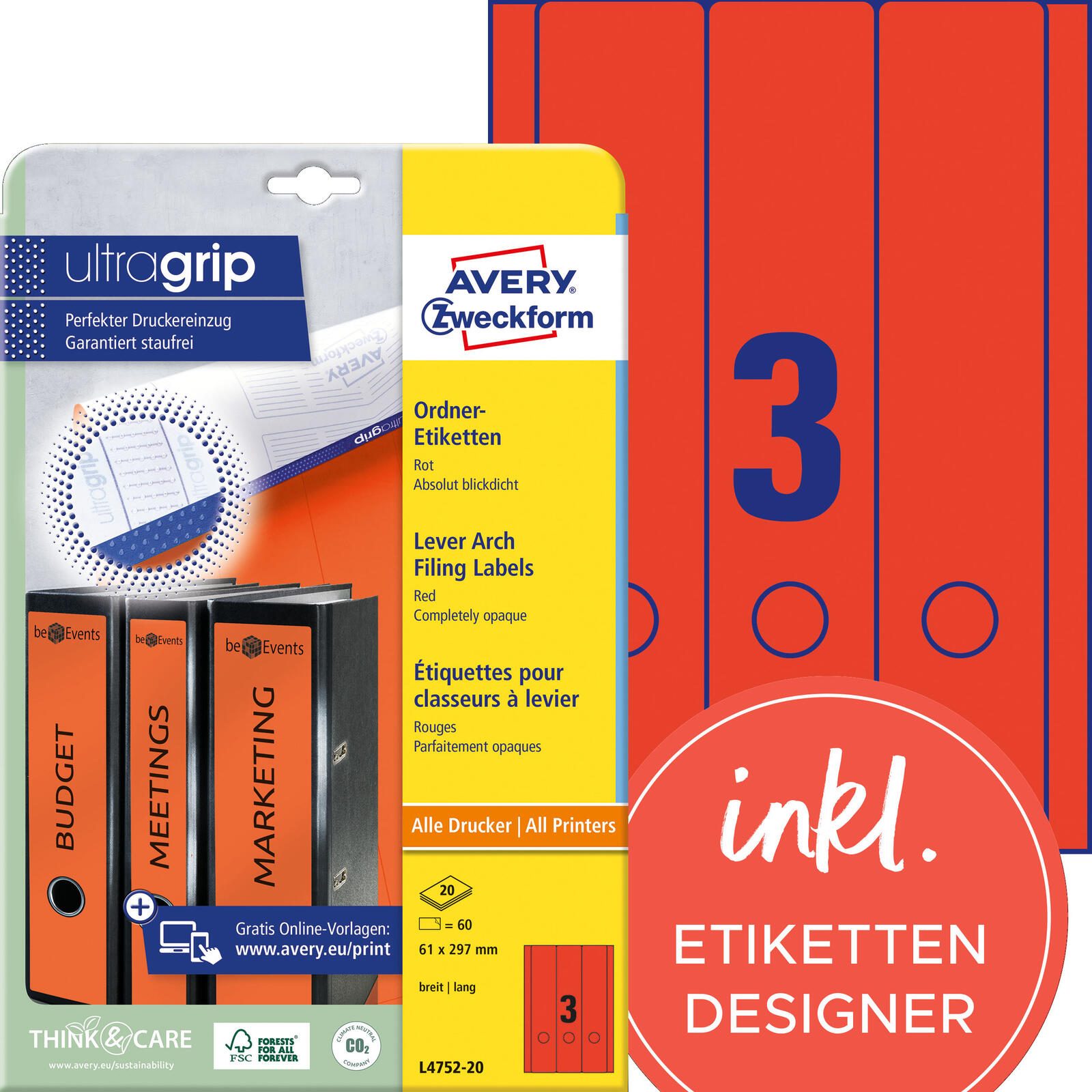 AVERY Zweckform Ordneretiketten 61,0 x 297,0 mm rot