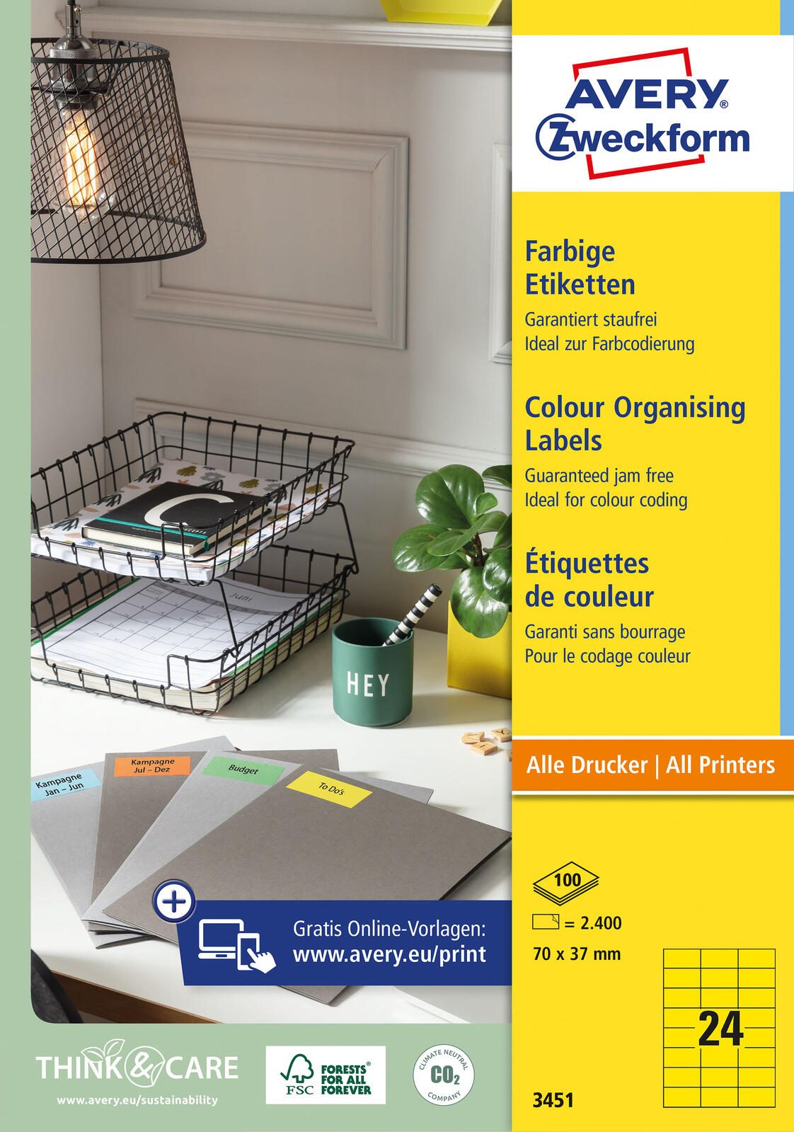 AVERY Zweckform Etiketten 3451 gelb 70,0 x 37,0 mm