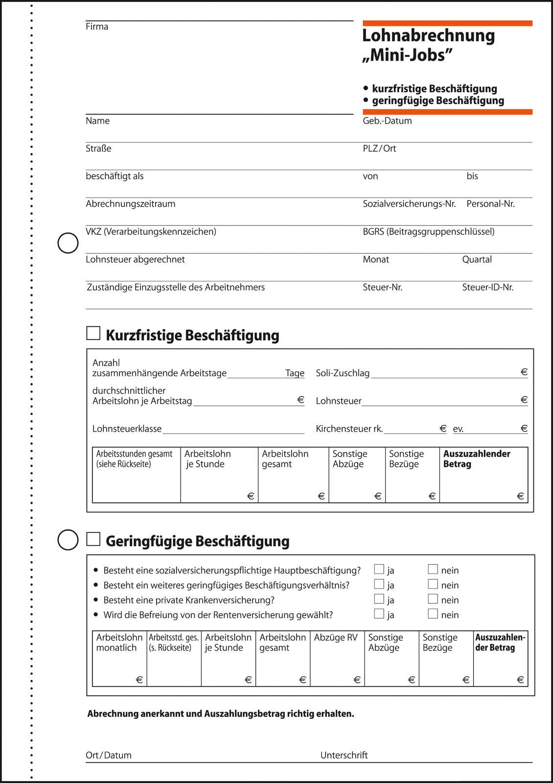 SIGEL Formularbuch Lohnabrechnung für geringfügig/kurzfristig Beschäftigte DIN A5 1x 50 Seiten