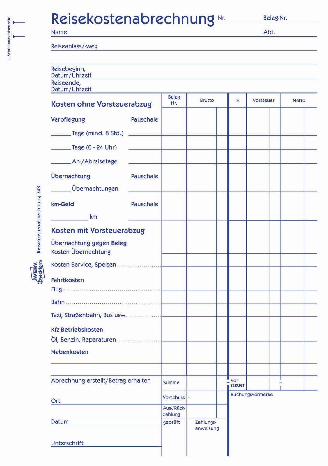 AVERY Zweckform Formularbuch Reisekostenabrechnung pro Reise DIN A5 1x 50 Seiten