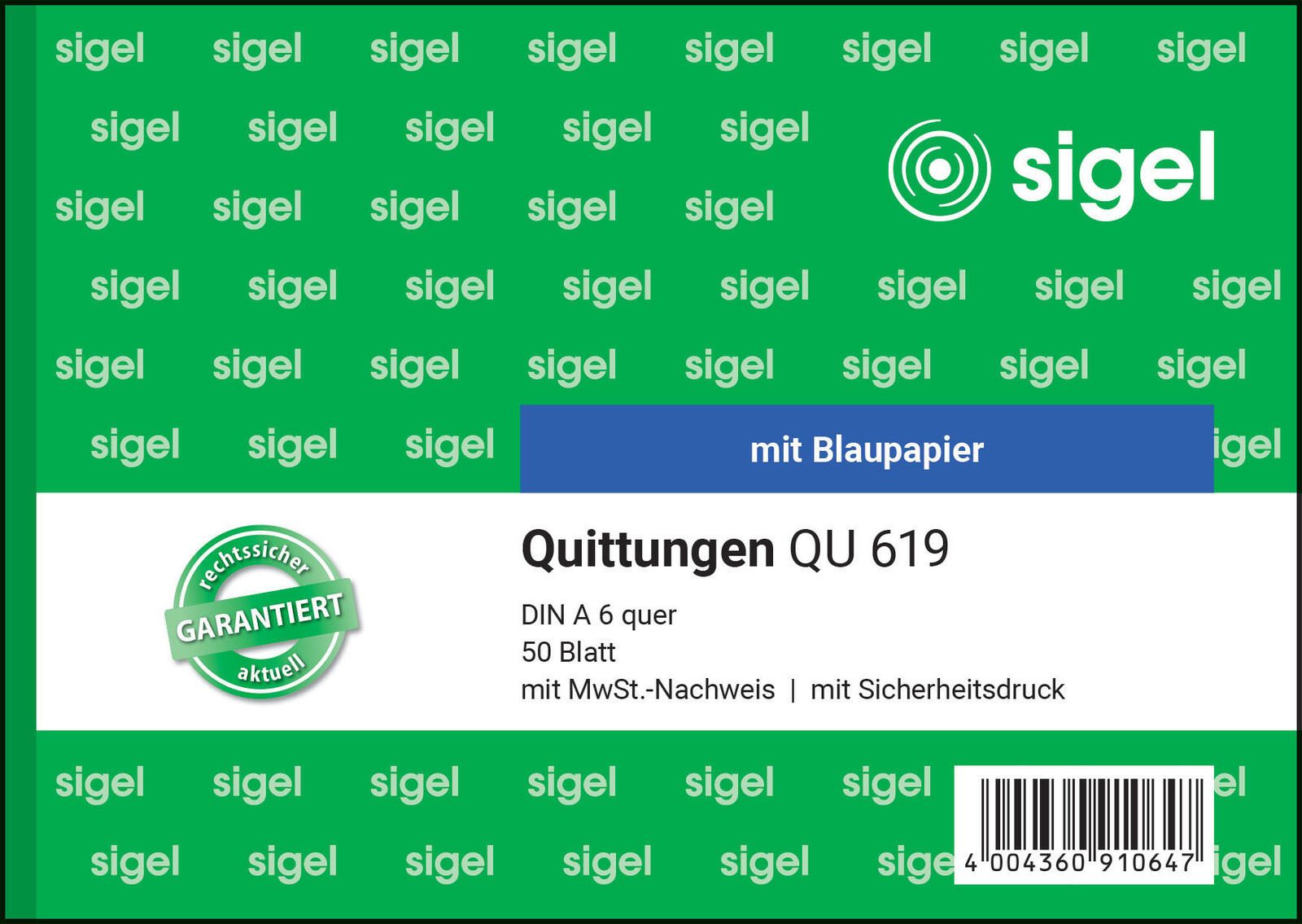 SIGEL Formularbuch Quittung, MwSt. separat ausgewiesen DIN A6 quer 1x 50 Seiten