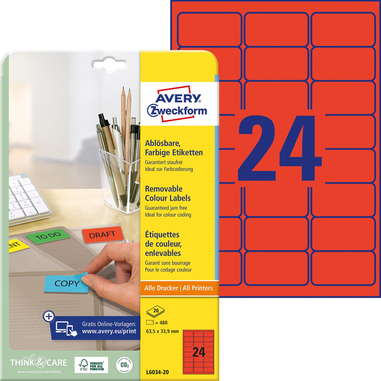 AVERY Zweckform Etiketten L6034-20 rot 63,5 x 33,9 mm