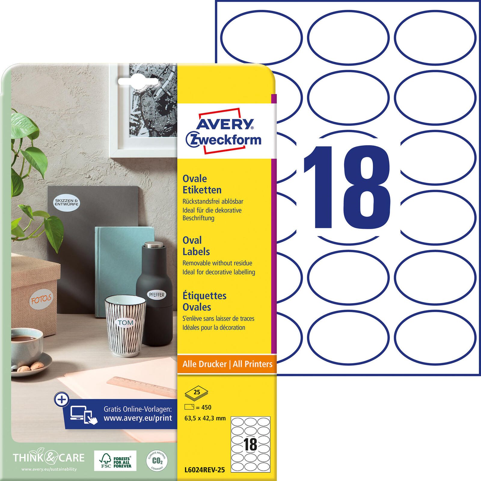 AVERY Zweckform Etiketten L6024REV-25 weiß 63,5 x 42,3 mm