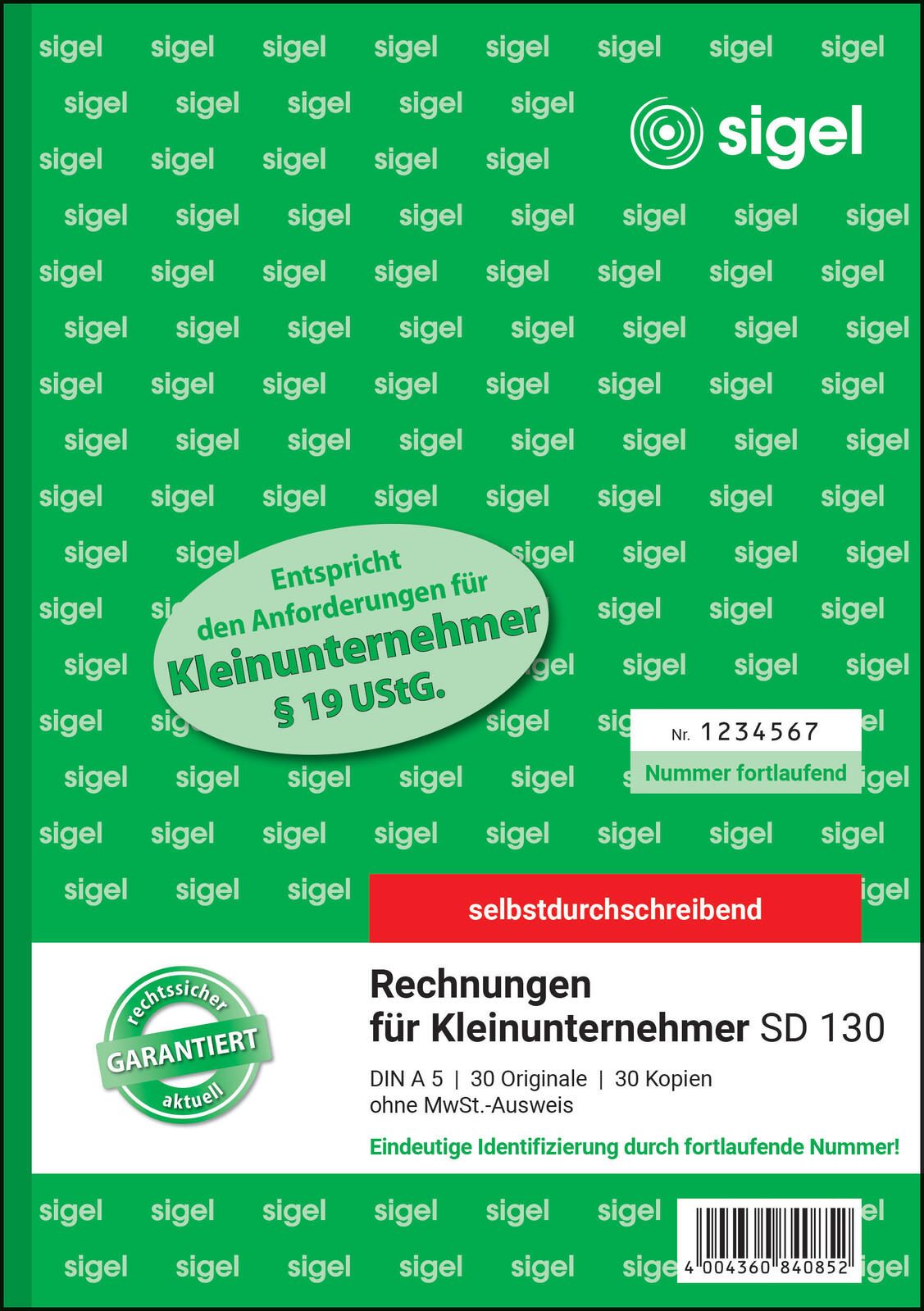 SIGEL Formularbuch Rechnung für Kleinunternehmer mit fortlaufenden Nummern (ohne MwSt.-Ausweis) DIN A5 2x 30 Seiten