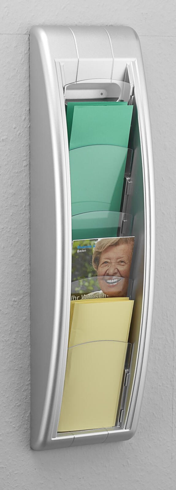 PAPERFLOW Kompakt Wandprospekthalter DIN A4 quer 4-Fach  silber