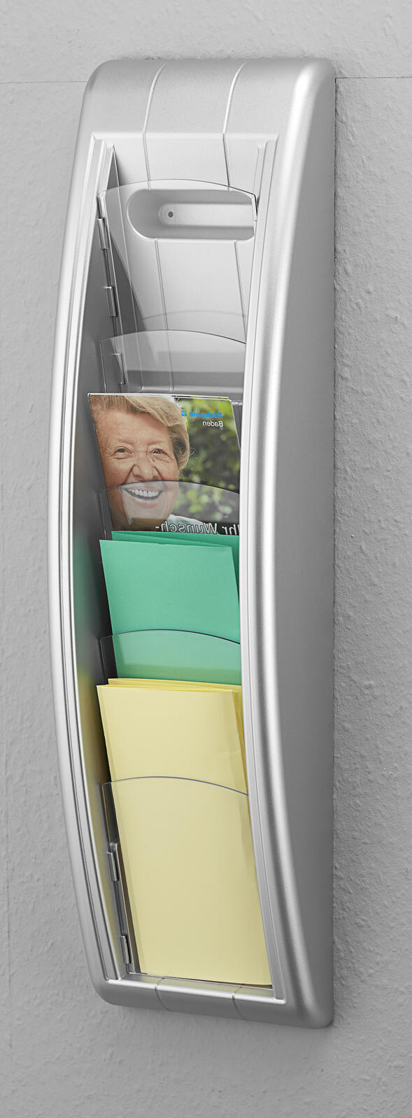 PAPERFLOW Kompakt Wandprospekthalter DIN A4 quer 4-Fach  silber