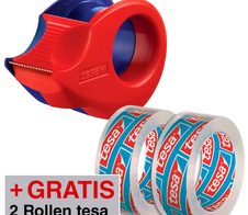 tesa Klebefilmabroller Mini-Abroller rot/blau + GRATIS 2 Rollen tesafilm Kristall-Klar, 10,0m x 15,0mm (LxB)