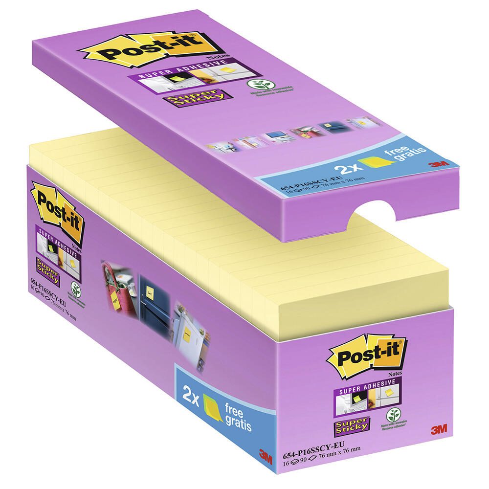 Post-it® Haftnotizen extrastark 654 gelb 14 Blöcke + GRATIS 2 Blöcke