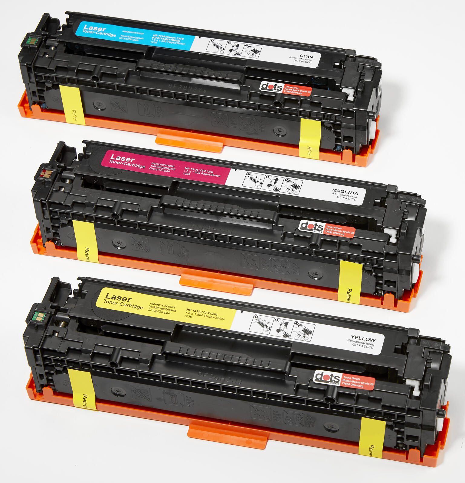 dots Toner kompatibel zu HP 131A; Canon 731(U0SL1AM; 6271B002/6270B002/6269B002), 3er-Set cyan, magenta, gelb
