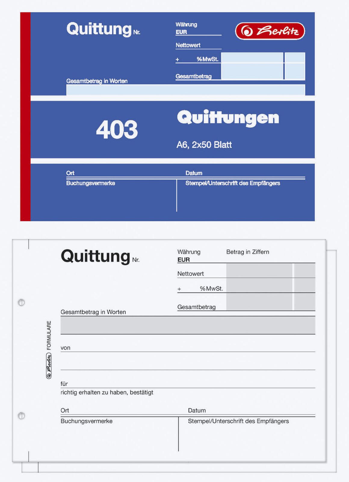 herlitz Formularbuch Quittung mit MwSt. separat ausgewiesen DIN A6 quer 2x 50 Seiten