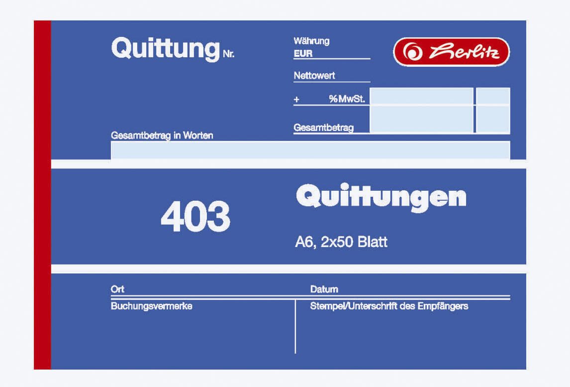 herlitz Formularbuch Quittung mit MwSt. separat ausgewiesen DIN A6 quer 2x 50 Seiten