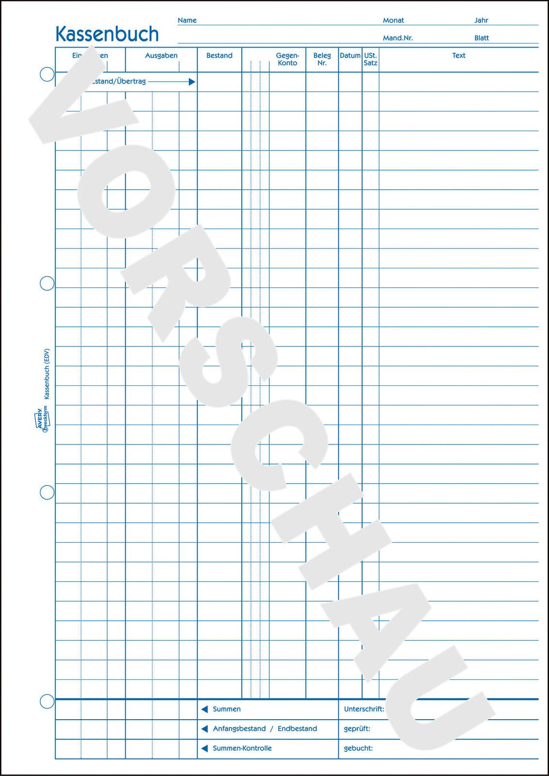 AVERY Zweckform Formularbuch Kassenbuch/EDV DIN A4 1x 100 Seiten