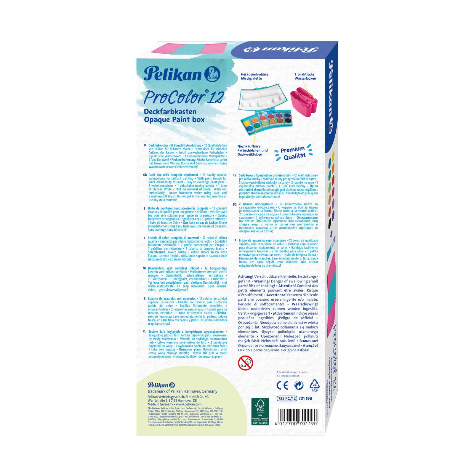 Pelikan Wasserfarbkasten 2 Wasserboxen + Deckweiß und 12 Farben