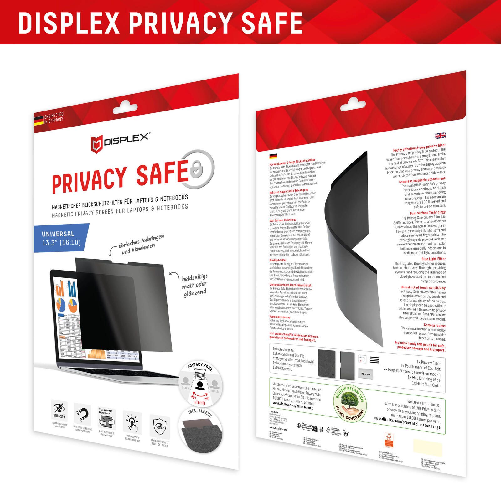 DISPLEX PRIVACY SAFE Magnetischer 2-Wege Blickschutzfilter für Laptop/ Notebook 13,3'' (16:10)