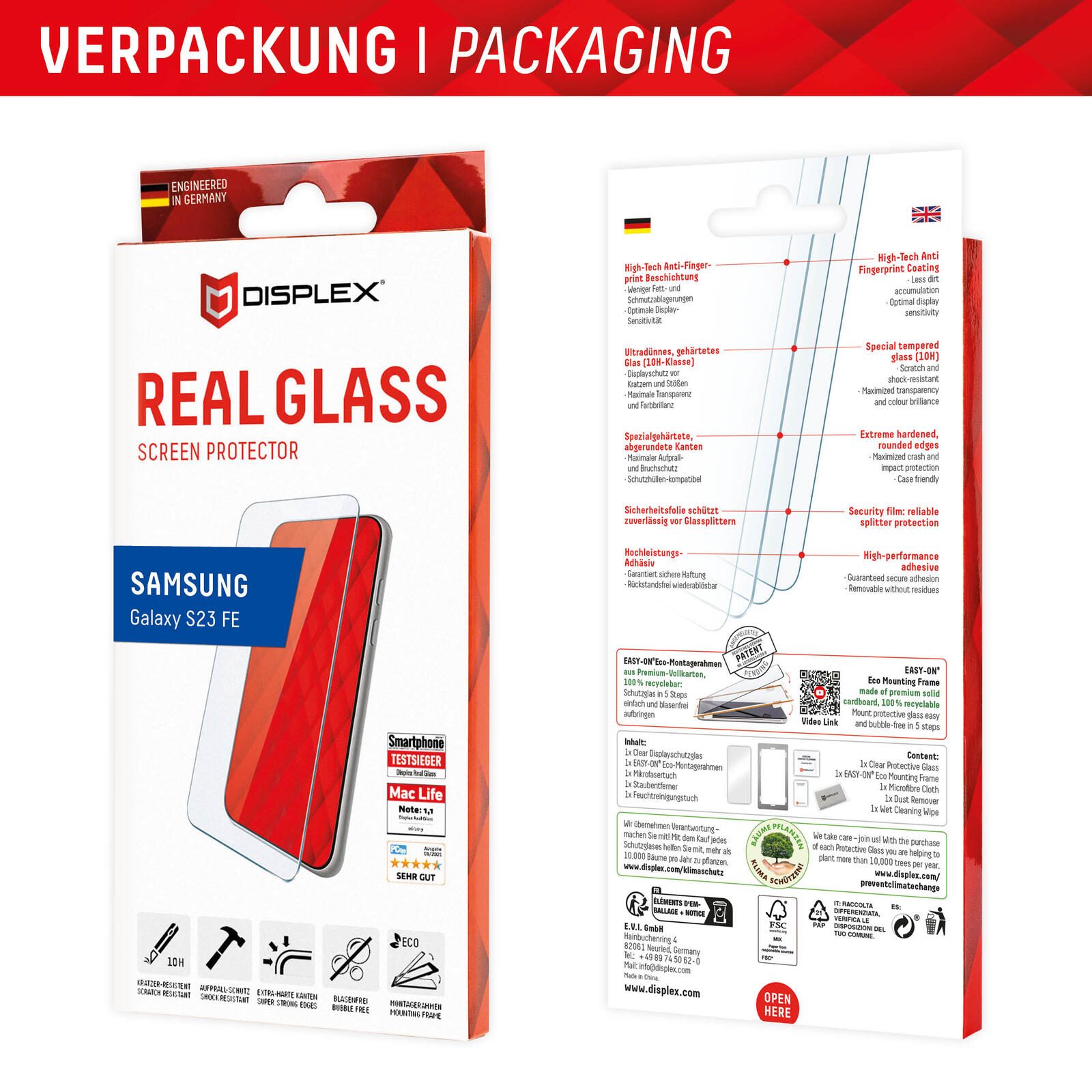 DISPLEX Panzerglas (10H, 2D) für Samsung Galaxy S23 FE, Eco-Montagerahmen, kratzer-resistent