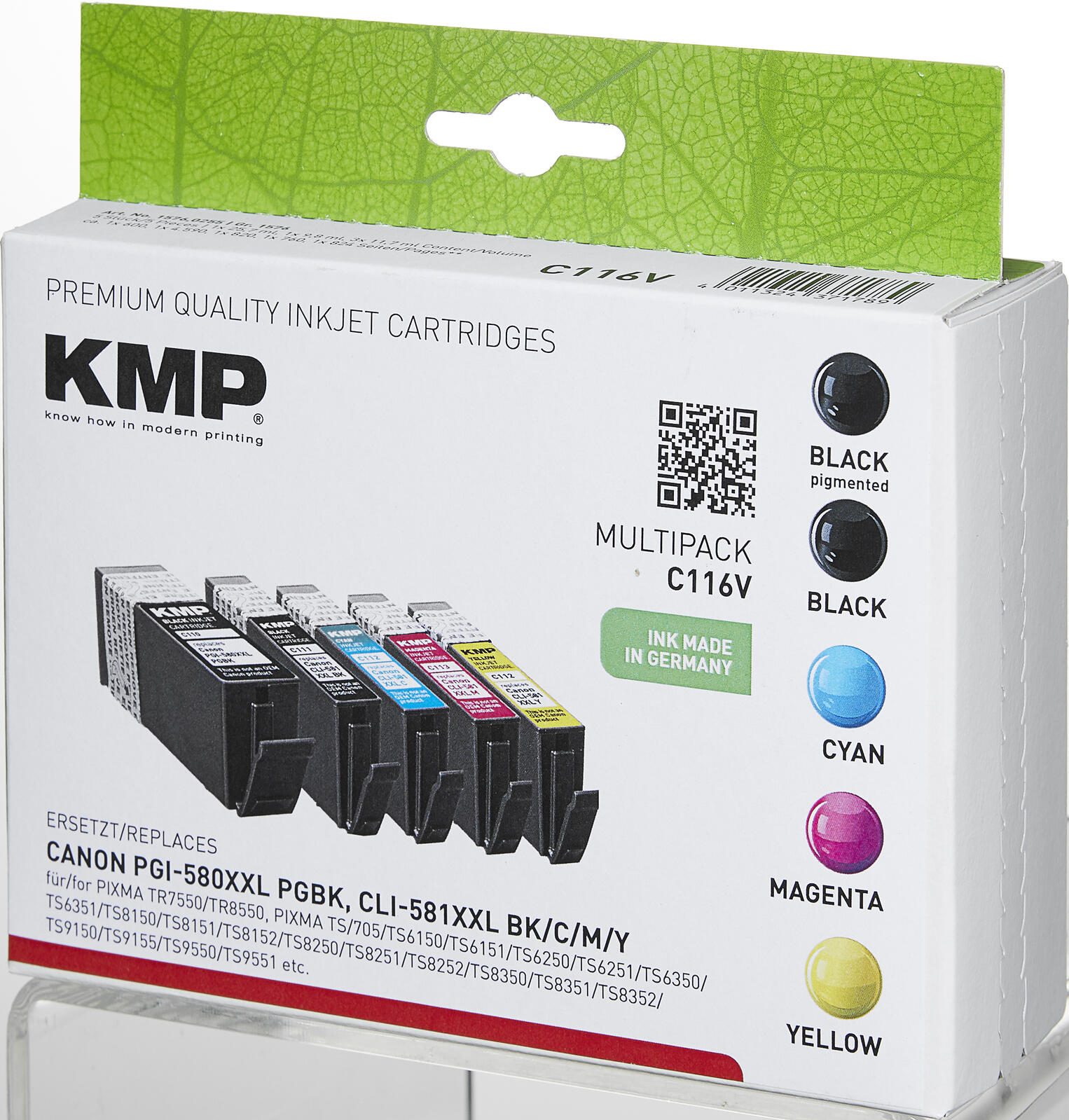 KMP Druckerpatronen C116V 2x schwarz, 1x cyan, 1x magenta, 1x gelb kompatibel zu Canon PGI-580XXL PGBK, CLI 581XXL BK/C/M/Y, 5er-Set