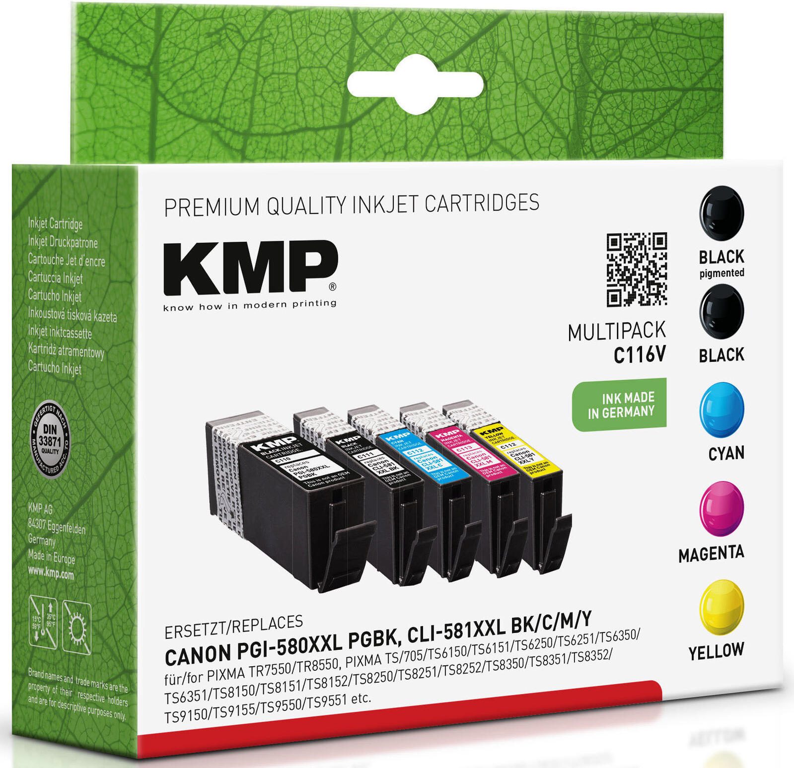 KMP Druckerpatronen C116V 2x schwarz, 1x cyan, 1x magenta, 1x gelb kompatibel zu Canon PGI-580XXL PGBK, CLI 581XXL BK/C/M/Y, 5er-Set