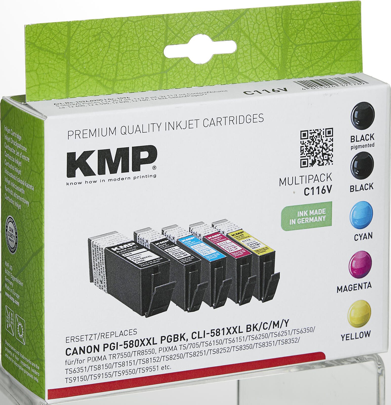 KMP Druckerpatronen C116V 2x schwarz, 1x cyan, 1x magenta, 1x gelb kompatibel zu Canon PGI-580XXL PGBK, CLI 581XXL BK/C/M/Y, 5er-Set