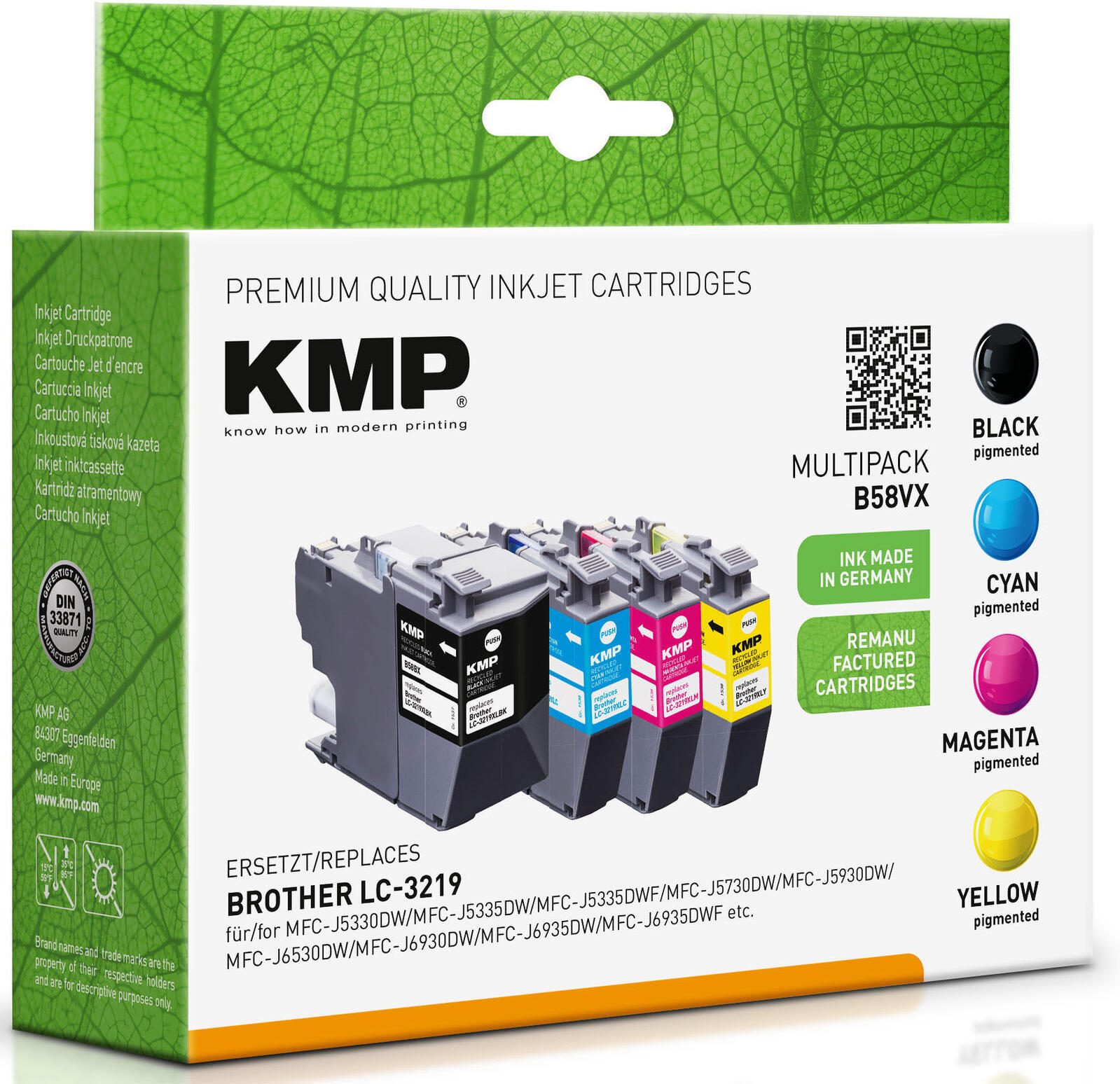 KMP Druckerpatronen B58VX schwarz, cyan, magenta, gelb kompatibel zu brother LC-3219VALDR, 4er-Set
