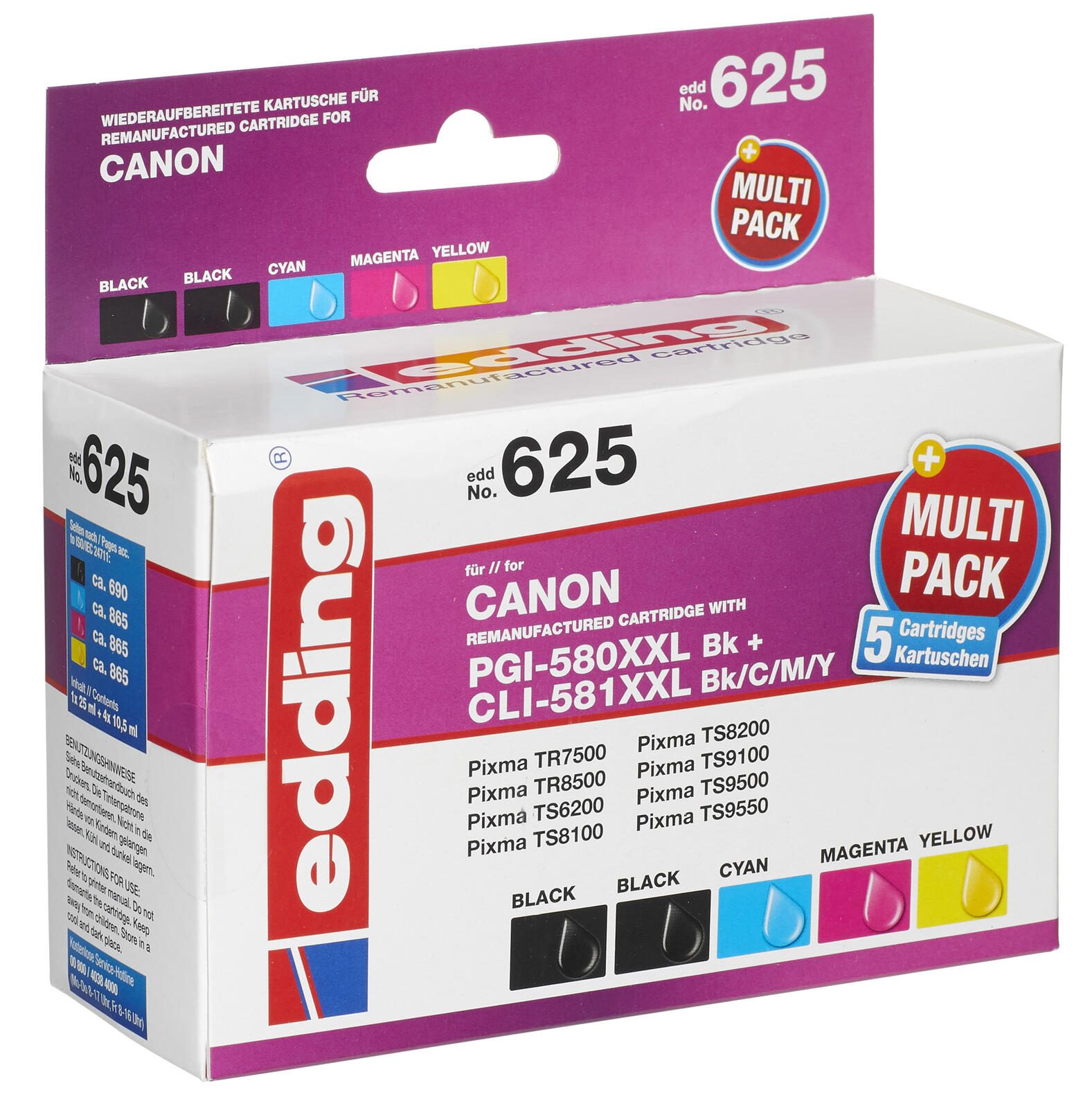 edding Druckerpatronen EDD-625 2x schwarz, cyan, magenta, gelb kompatibel zu Canon PGI-580XXL BK, CLI-581XXL BK/C/M/Y, 5er-Set