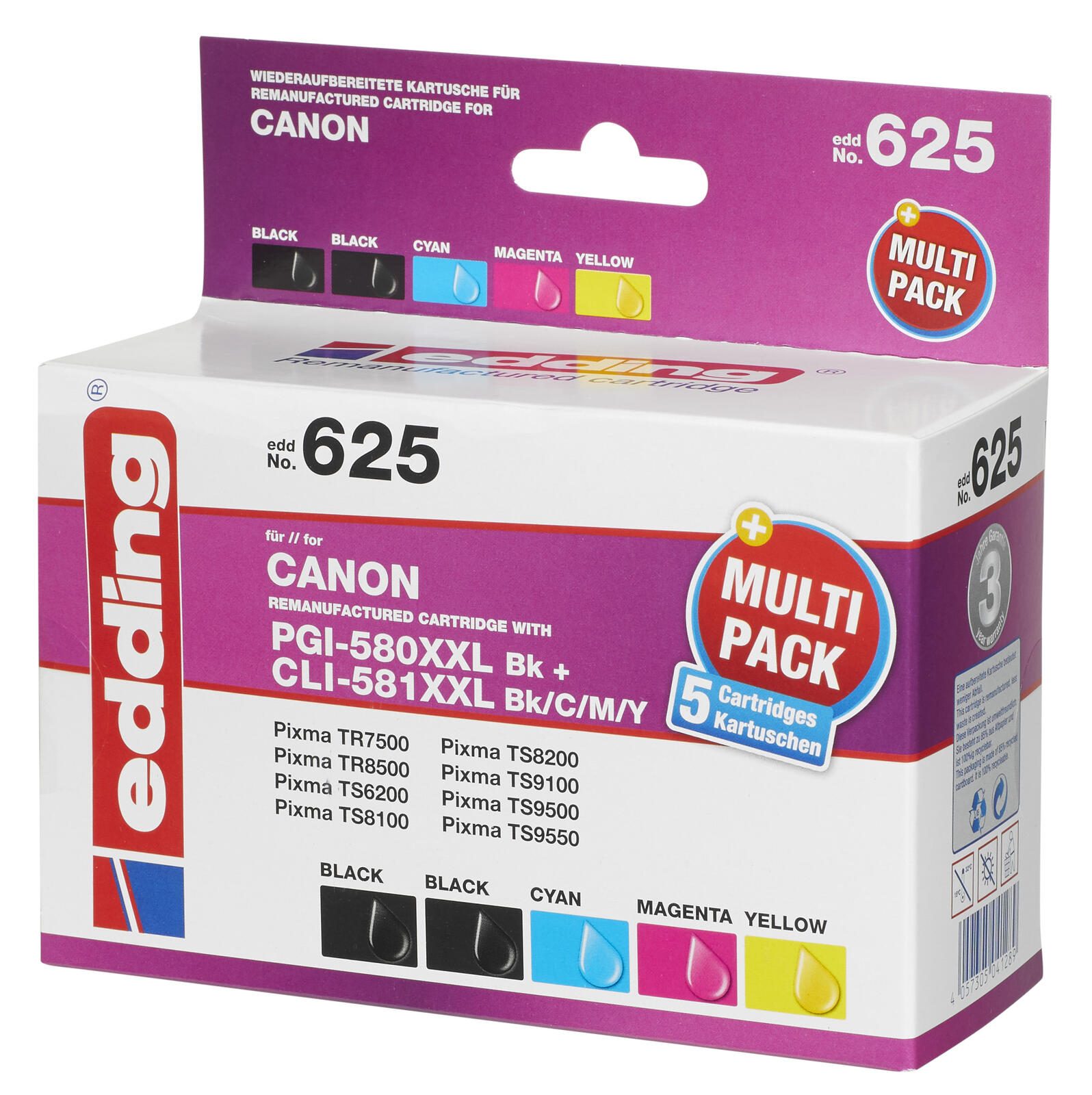 edding Druckerpatronen EDD-625 2x schwarz, cyan, magenta, gelb kompatibel zu Canon PGI-580XXL BK, CLI-581XXL BK/C/M/Y, 5er-Set