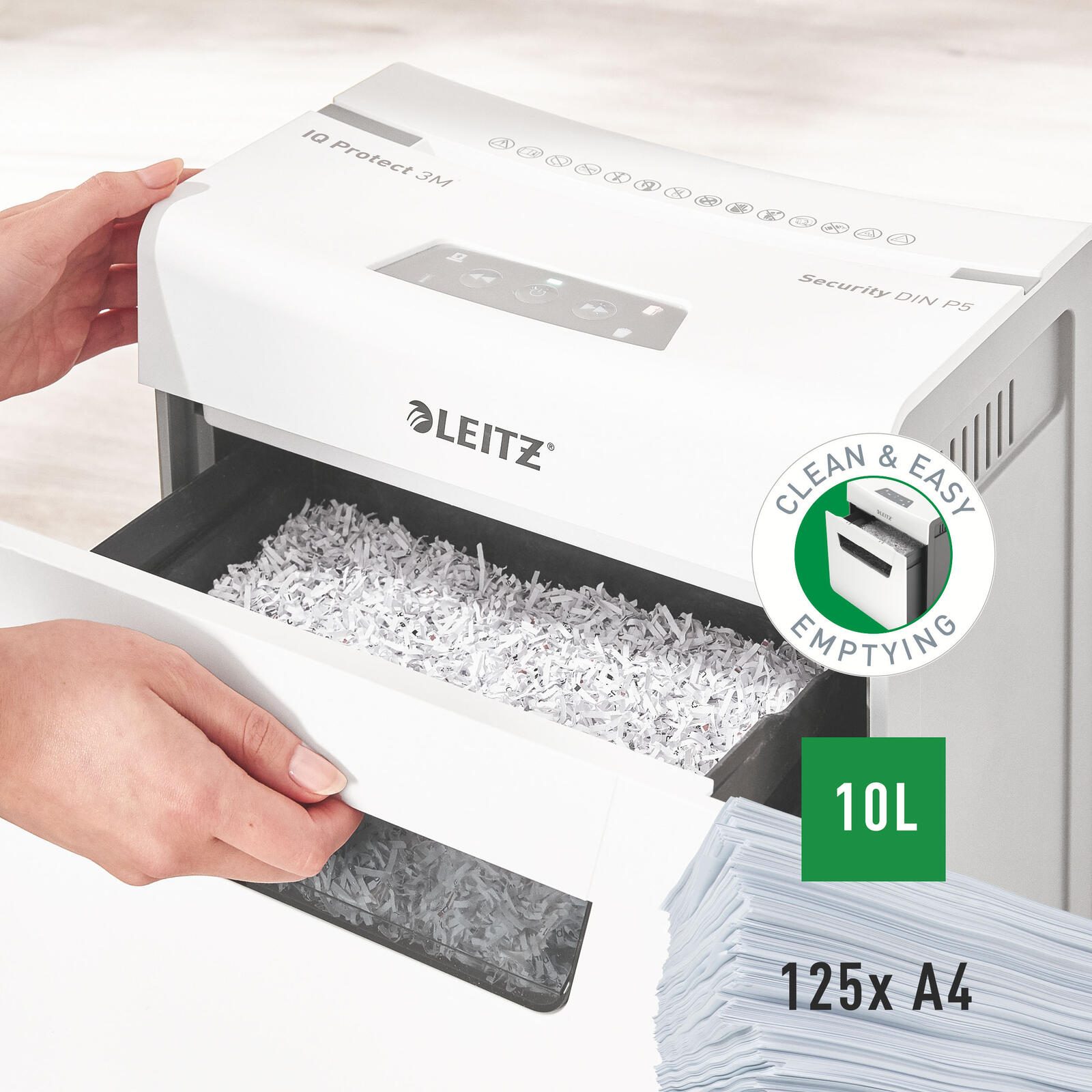 LEITZ Protect 3M Aktenvernichter mit Partikelschnitt bis 3 Blatt weiß