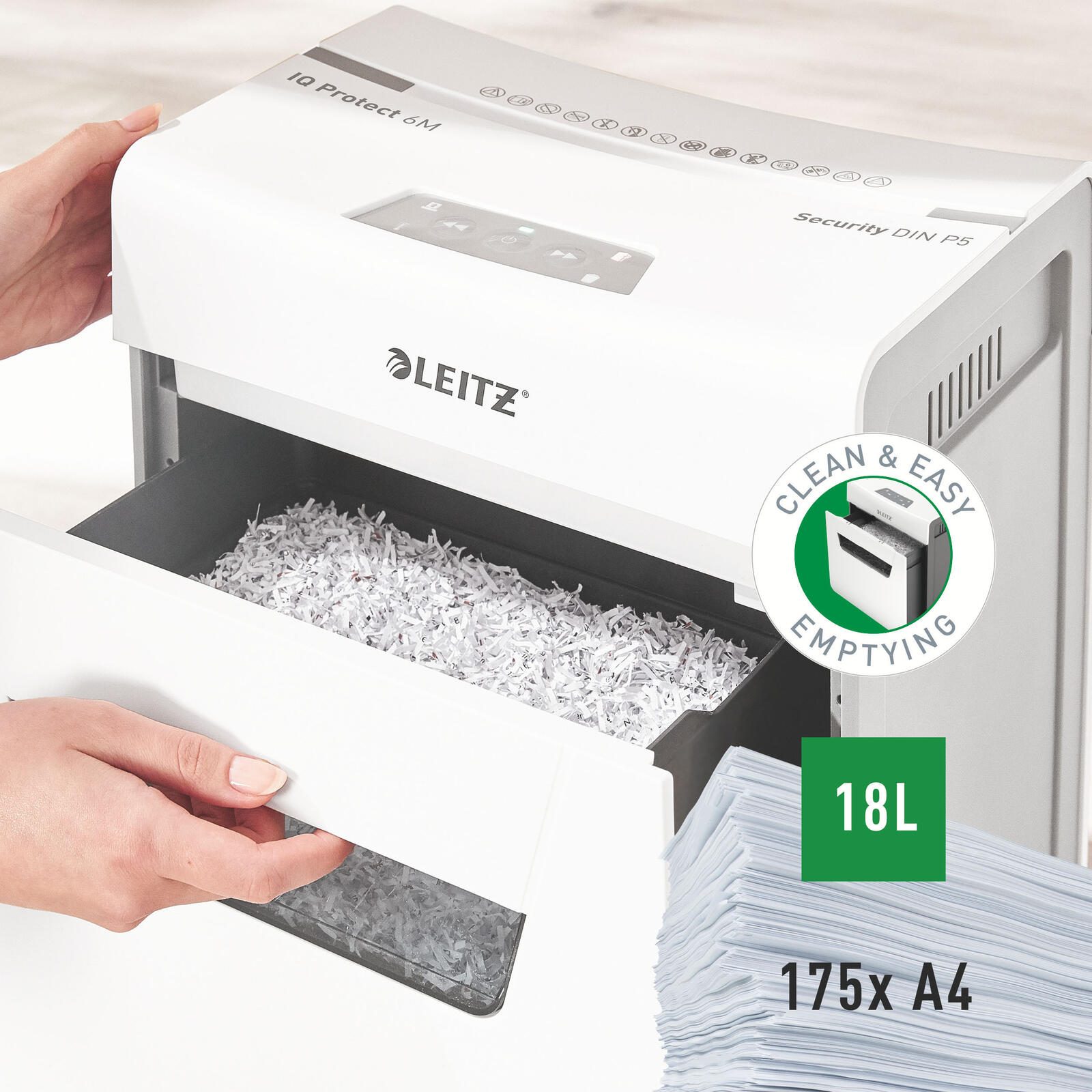LEITZ Protect 6M Aktenvernichter mit Partikelschnitt bis 6 Blatt weiß